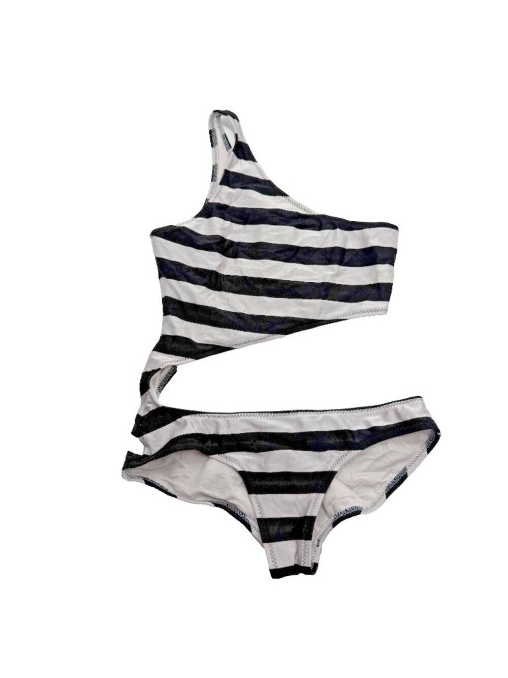 OMO Norma Kamali One Shoulder Cutout Monokini Swimsuit Black White Stripe XS